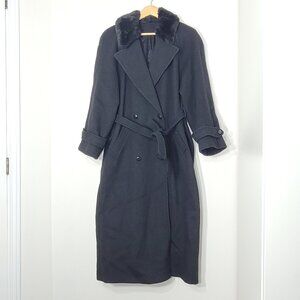 Heritage House Vintage Black Pure Virgin Wool Faux Fur Belted Double-Breasted